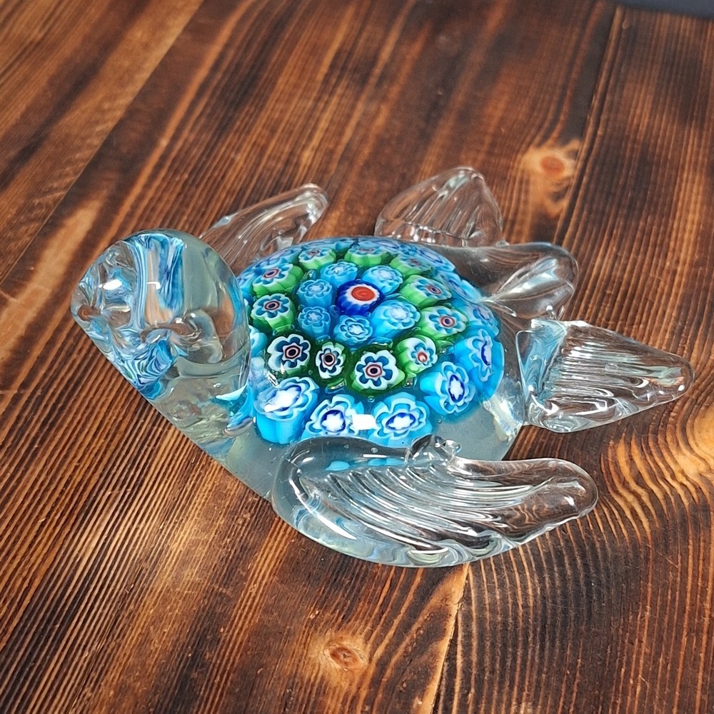 Hand Blown Art Glass Sea Turtle Millefiori Sculpture Figurine Paperweight Blue
